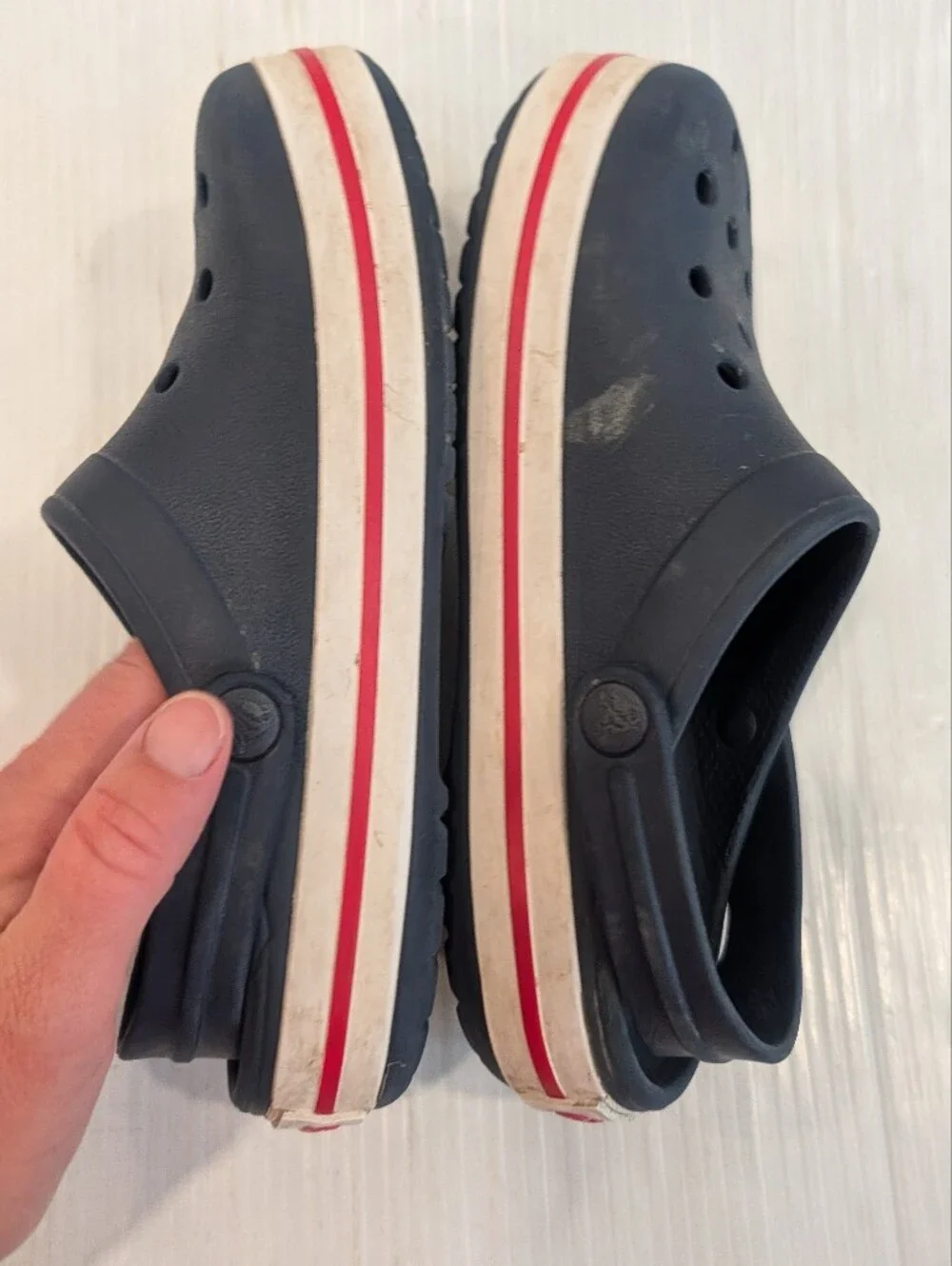 CROCS Kids Navy Crocband Clogs with Red White Sole  Size 4 Youth